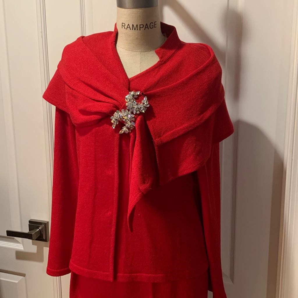 Red Knit Sweater With Brooch Kourosh 2 Pc. Knit